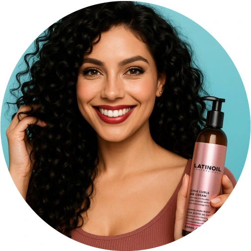 Woman with defined curls holding Latinoil Chia Curls BB Cream